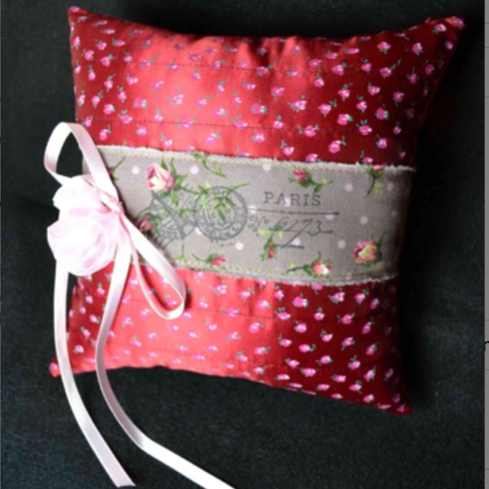 Handmade wine red wedding Ring Bearer’s Pillow floral Paris tiny roses romantic